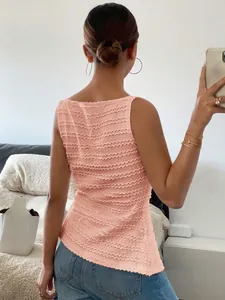 Detailed back view of pink textured bubble fabric sleeveless slim-fit tank top for women