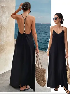 Detailed back and front views of a chic black V-neck backless maxi dress for women