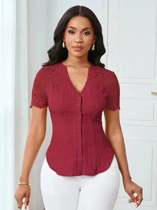 Elegant wine red slim fit blouse featuring delicate lace embroidery and button-down front