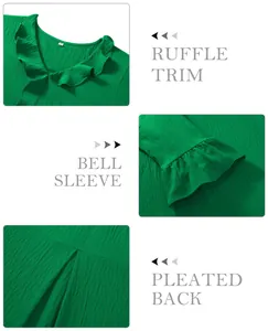 Detailed view of green blouse showing ruffle trim, bell sleeves, and pleated back