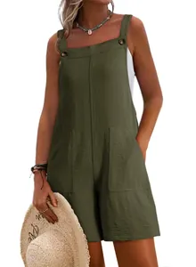 Mono corto casual sin mangas verde oliva para mujer con prácticos bolsillos de parche