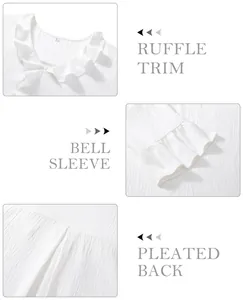 Close-up details of white ruffle trim neckline and bell sleeve blouse