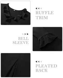Detail shots of black blouse showing ruffle trim, bell sleeve and pleated back