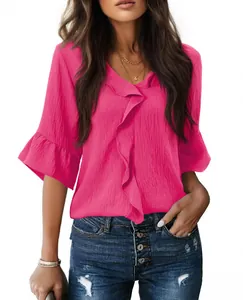 Elegant hot pink V-neck casual blouse with ruffled front and stylish bell sleeves detail