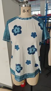 Fashionable floral print women's T-shirt with denim-look patchwork and round neck
