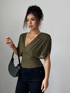 Elegant olive green deep V-neck ruched top with small cap sleeves for women style