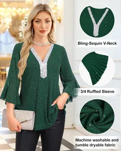 Detail view of green sequined blouse with V-neck and ruffled 3/4 sleeves.