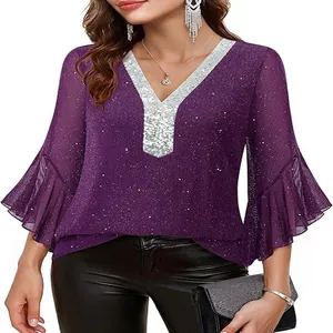 Elegant purple sequin V-neck top with silver trim and stylish bell sleeves.