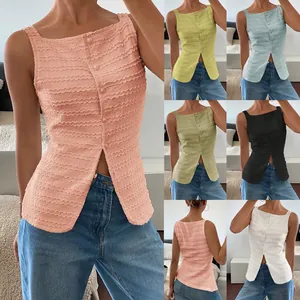 Women Slim Fit Sleeveless Tank Top Single Breasted Round Neck Polyester Wrinkle Texture Solid Color Casual Chic Summer Top