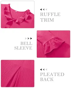 Detailed shots of a fuchsia V-neck top showing ruffle trim, bell sleeve and pleated back