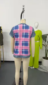 Back view of a casual women's plaid print short sleeve top with blue denim trim