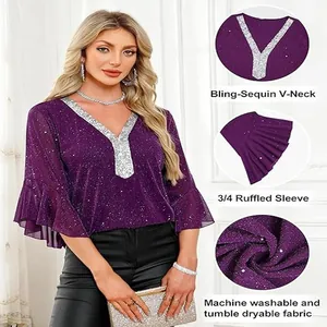 Detail view of purple sequin V-neck top with stylish 3/4 ruffled sleeves for women