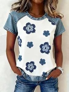 Casual round neck T-shirt with denim patchwork and blue floral print for women