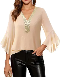 Elegant women's deep V-neck blouse featuring gold sequins and stylish tiered flare sleeves.