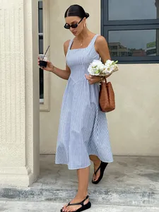 Elegant French style blue and white striped sleeveless midi dress with square neck