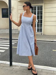 French style blue and white striped midi dress with square neck and sleeveless design