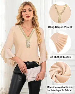 Detail view showing the elegant champagne sequin V-neck and ruffled sleeves of the blouse