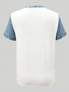 Back view of woman's white T-shirt with blue denim-print sleeves and collar detail
