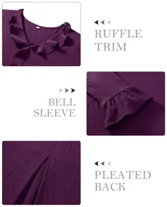 Detail view of purple blouse featuring ruffle trim, bell sleeves and pleated back design.