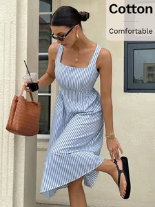 Detail view of a French-style blue and white striped sleeveless maxi dress with square neck
