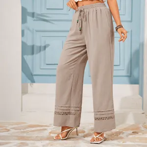 Women High Waisted Wide Leg Pants Casual Solid Color Drawstring Loose Straight Trousers With Lace Hollow Out Hem Bottom For Summer Beach Vacation