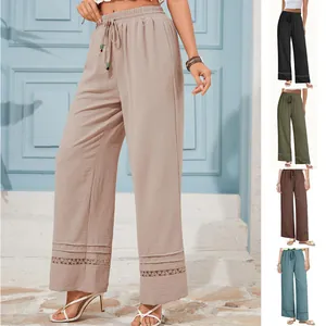 High-waisted wide-leg trousers with hollow-out lace hem and drawstring waist in multiple colors