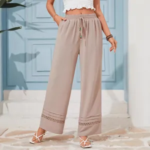 Women's stylish high waist wide-leg pants with drawstring and lace hollow out detail