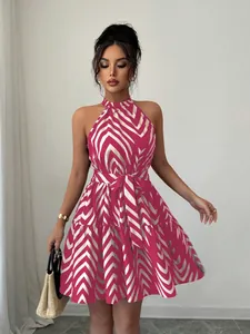 Full view of elegant halter neck sleeveless wavy stripe print short dress with tie waist