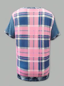 Back view of women's casual short sleeve top featuring pink and blue plaid patchwork