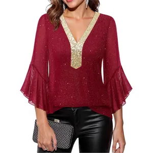 Elegant burgundy women's blouse with sequin V-neck and 3/4 flare sleeves