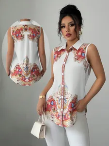 Sleeveless white lapel blouse with vibrant ethnic print showing front and back view