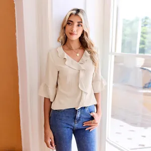 Elegant beige V-neck ruffle blouse with flared sleeves and casual loose fashion fit