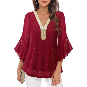 Elegant burgundy sequin V-neck top with ruffled flare sleeves for women
