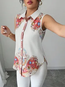Elegant sleeveless button-up shirt with vibrant paisley print and white collar detail