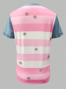 Back view of a women's pink striped t-shirt with daisy prints and denim-style sleeves
