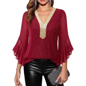 Elegant burgundy V-neck blouse with gold sequins and flared bell sleeves for women