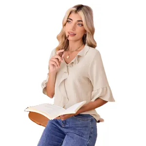 Stylish women's V-neck ruffle blouse with half sleeves in a loose, casual beige fit