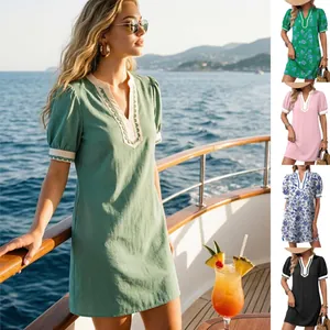 Women's Resort Style V-Neck Short Sleeve Shift Dress Color Block Scalloped Trim Polyester Mini Vacation Dress Floral Print