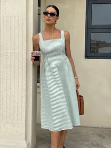 Elegant French style square neck sleeveless midi dress featuring green and white stripes