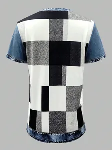Detailed back view of a women's casual crew neck t-shirt featuring geometric patchwork print.
