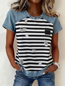 Women's casual round neck striped t-shirt with denim sleeves and distressed details