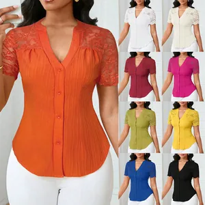 Women Slim Fit Short Sleeve Top Lace Patchwork Hollow Out V Neck Single Breasted Solid Ribbed Elegant Casual T-Shirt