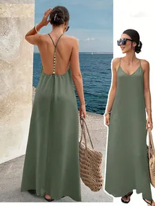 Elegant backless olive green maxi dress featuring a V-neck and beaded strap detail