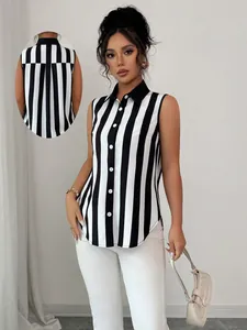Detail view of women's sleeveless black and white striped shirt with back inset