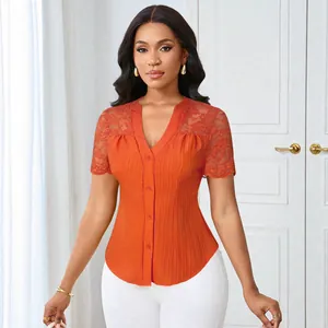 Elegant orange slim fit top featuring lace hollow-out short sleeves and button-down V-neck