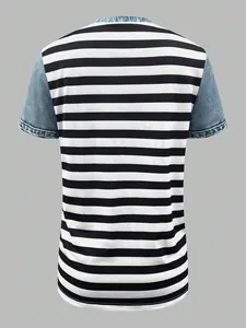 Back view of a striped t-shirt featuring light blue denim contrast sleeves and collar