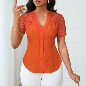 Elegant terracotta slim fit button-down top with floral lace hollow-out short sleeves