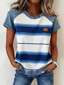Detail of women's casual short sleeve top with blue stripes and denim-textured sleeves