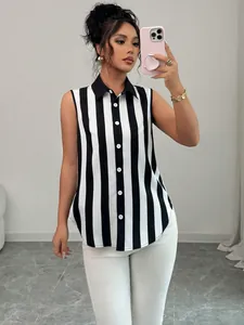Chic sleeveless collared shirt featuring classic black and white vertical stripes