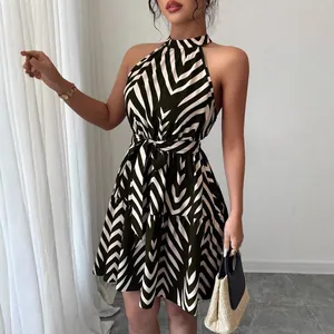 Elegant black and white wavy stripe halter neck sleeveless mini dress for women